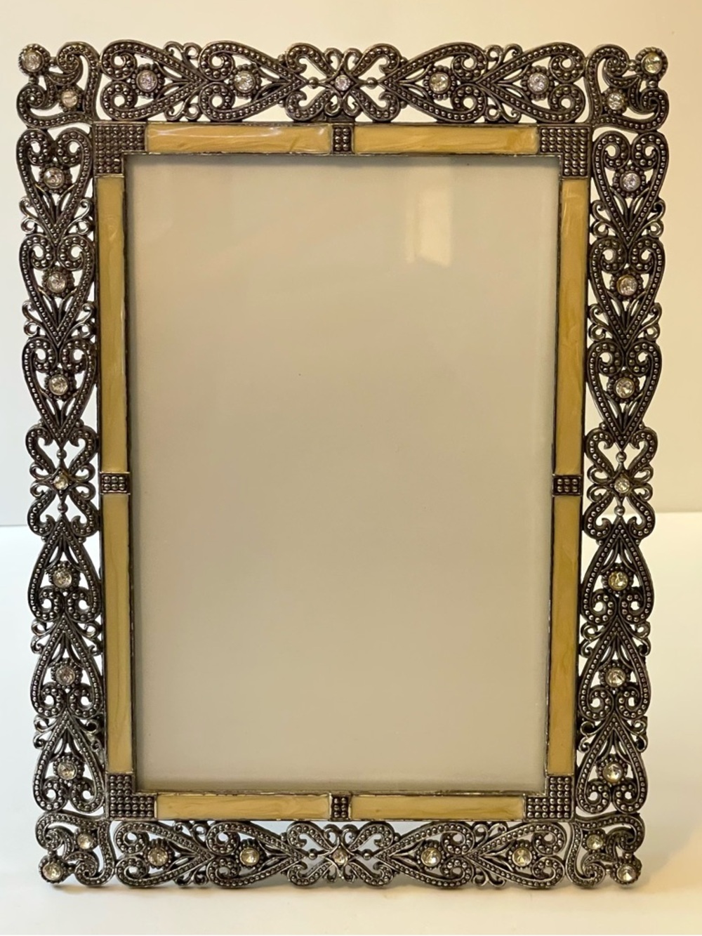 Silvertone Metal White Rhinestone Filigree Enamel Picture Frame